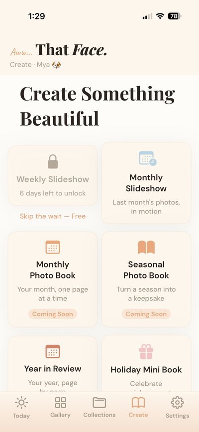 Create screen for photo books and prints